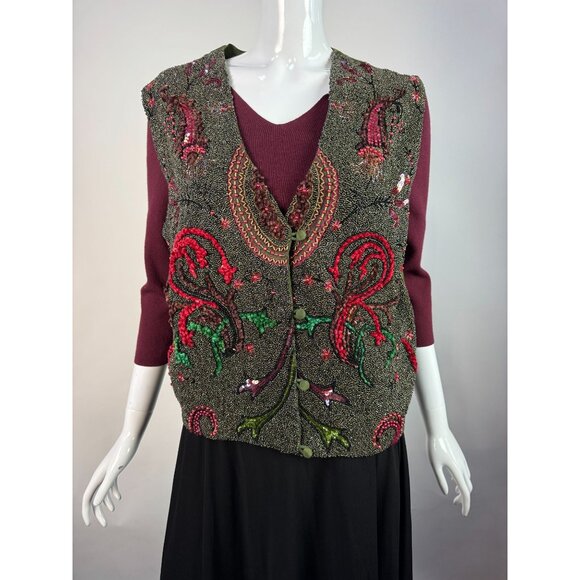 Vintage Other Destinations Hand-Beaded Silk Vest With Floral Embroidery & Rayon - Picture 14 of 16